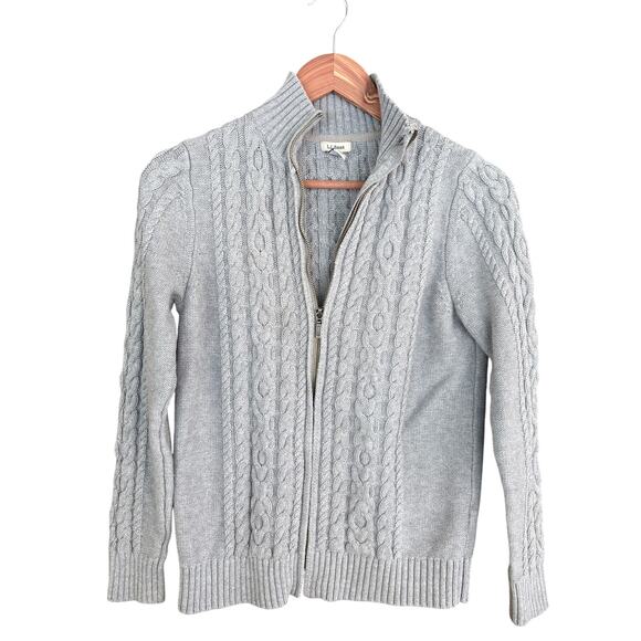 LL Bean Womens Cable Knit Cardigan Sweater S Gray L.L. Bean Zip Fisherman Mock - Picture 1 of 5